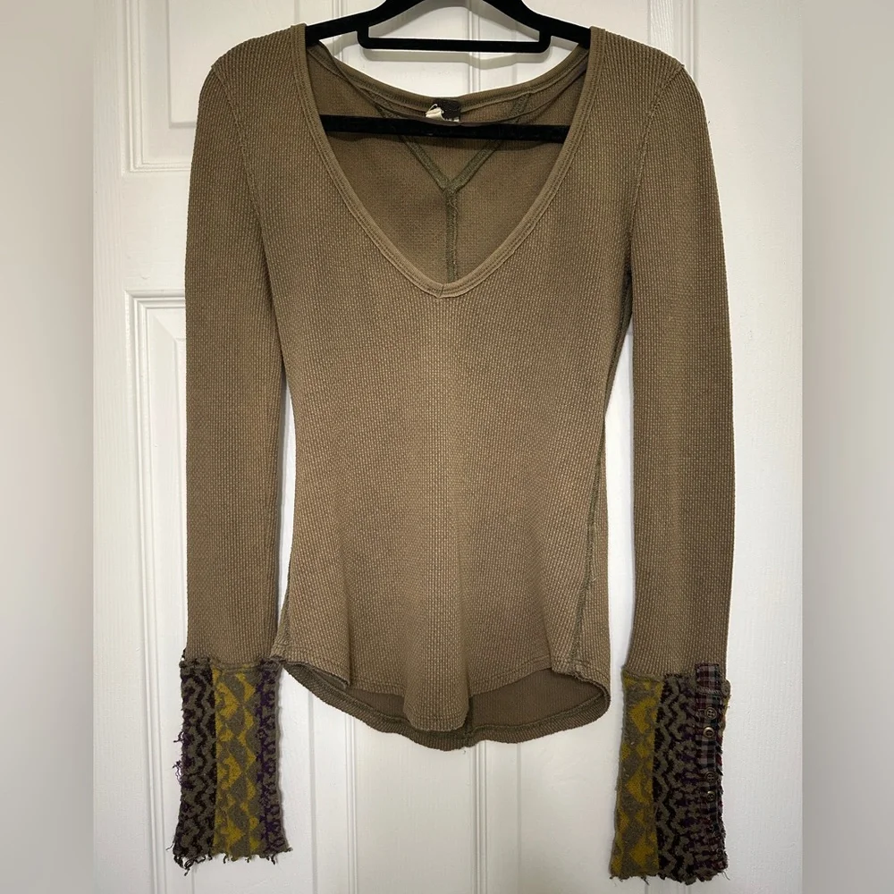 We The Free Olive Long Sleeve Waffle Thermal Top with Patterned Cuffs - Picture 1 of 5